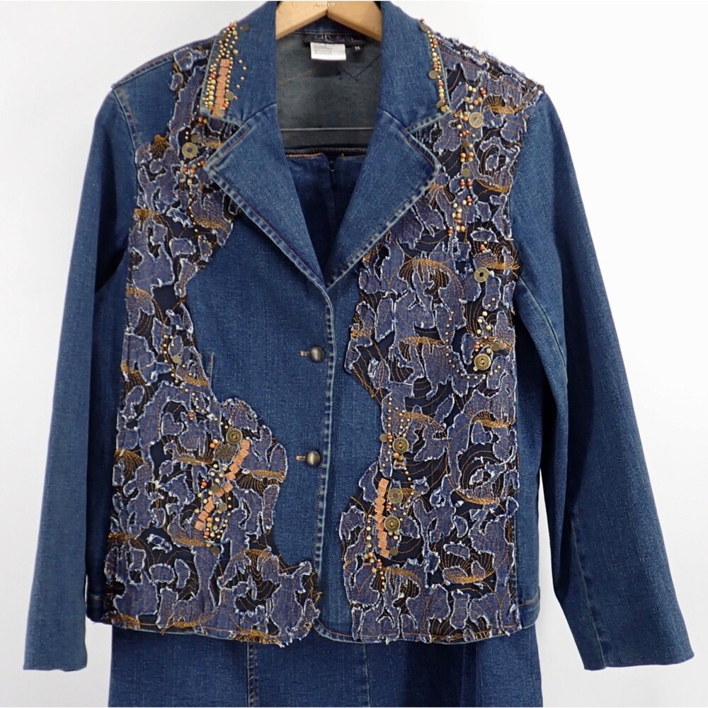 City Girl Embellished Blue Denim Blazer Sz Medium & Skirt Sz 6 Matched 2 pc Set - Picture 4 of 12